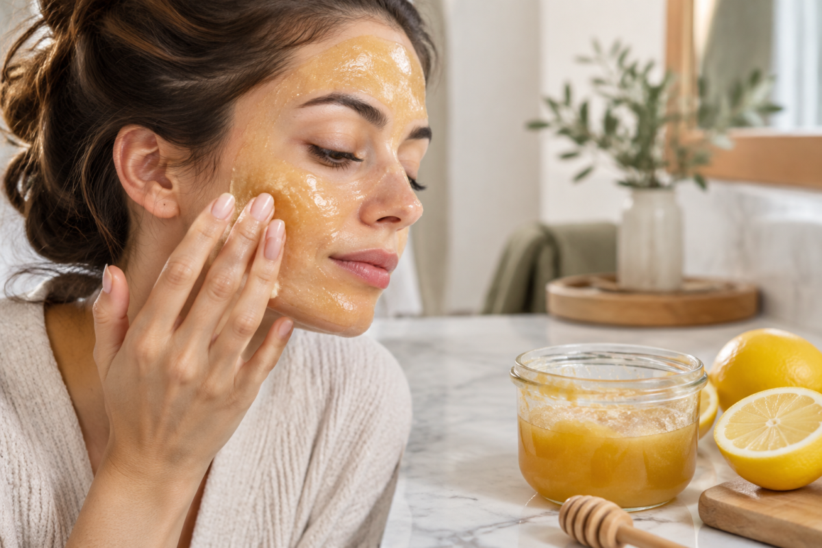 Application d'un masque visage bio au miel et citron sur la peau du visage