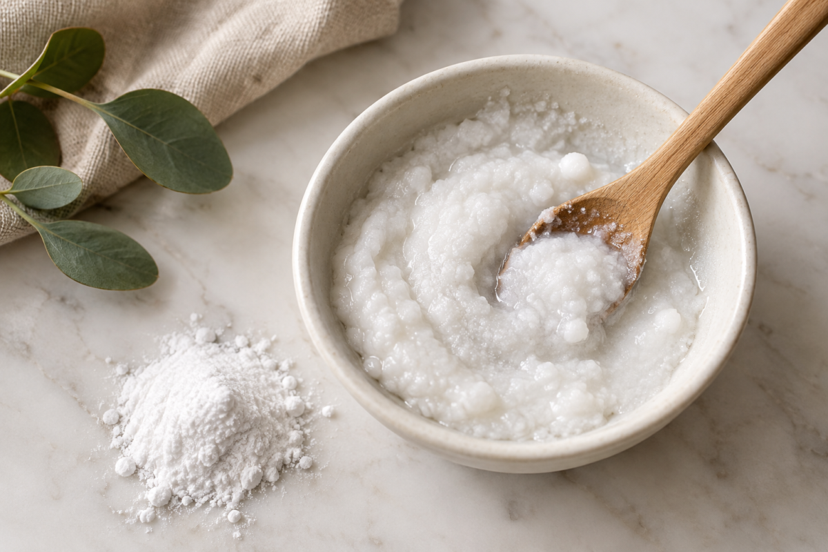 Bol de pâte au bicarbonate mélangée à la cuillère en bois sur marbre avec eucalyptus