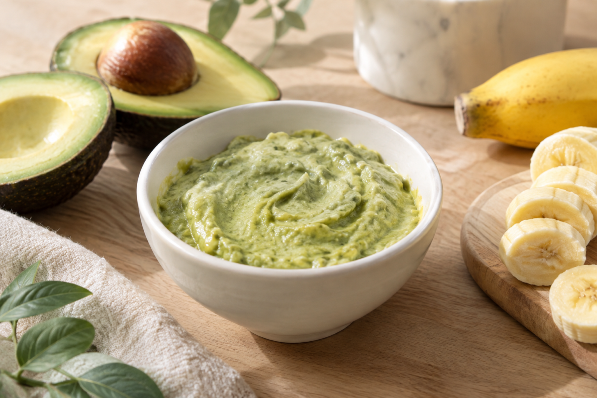 Bol de masque à l'avocat entouré d'avocat coupé et de rondelles de banane