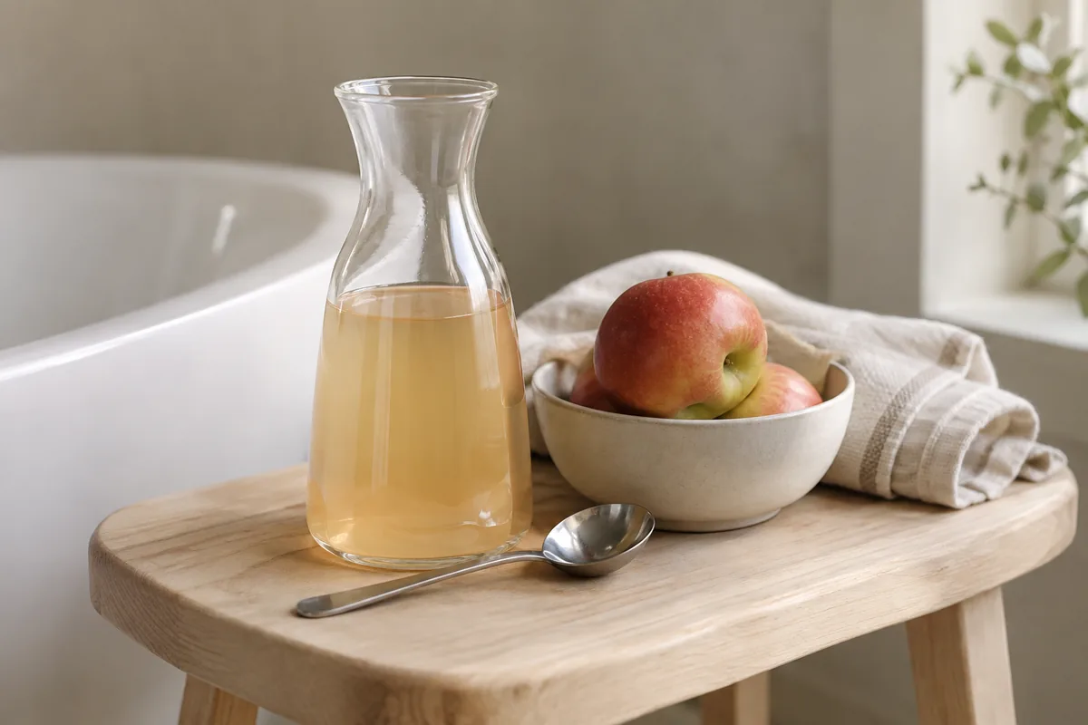 Carafe de vinaigre de cidre dilué pour le rinçage acide des cheveux après un shampoing saponifié