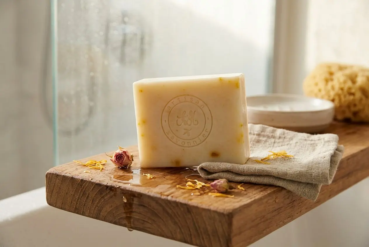 Savon artisanal en barre sur planche en bois, décor avec fleur séchée et toile à demi pliée, ambiance naturelle pour soins cheveux naturels sans chimie