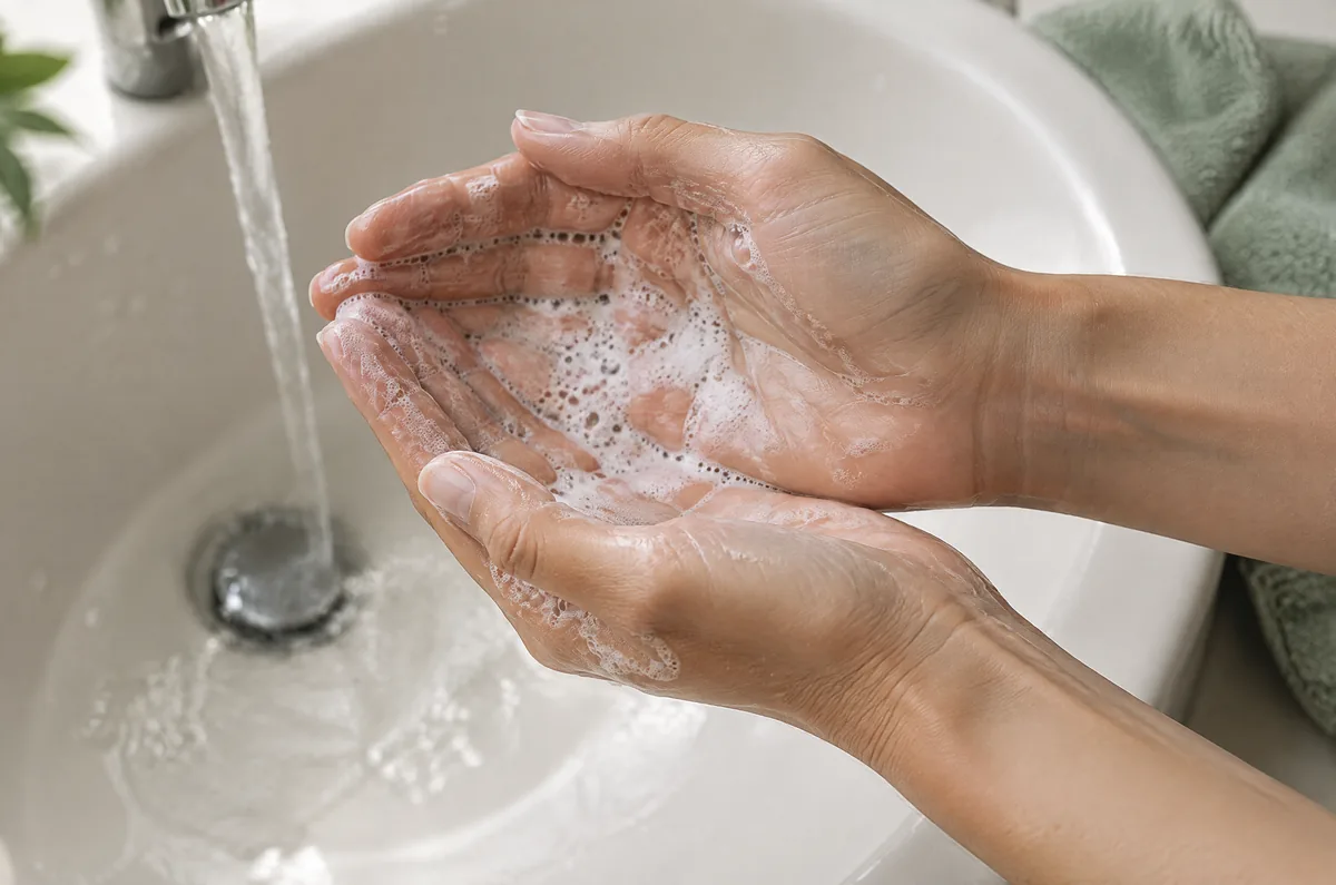 Mousse légère d'un shampoing sans sulfate entre deux mains au-dessus d'un lavabo