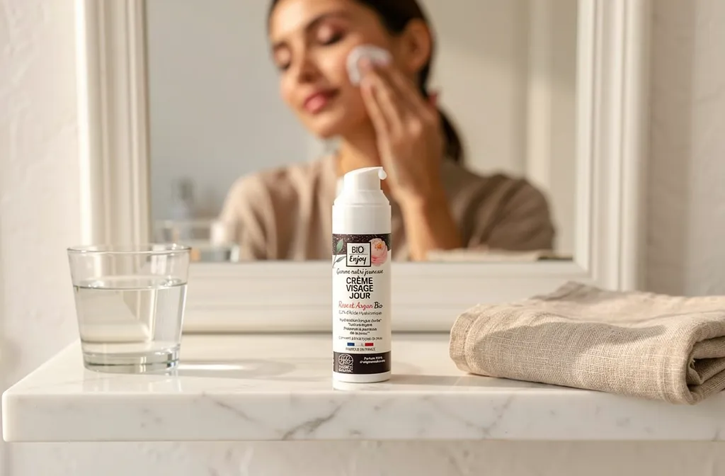 Soin visage bio en flacon sur lavabo, femme se nettoyant le visage dans le miroir, routines beauté naturelle personnalisées.