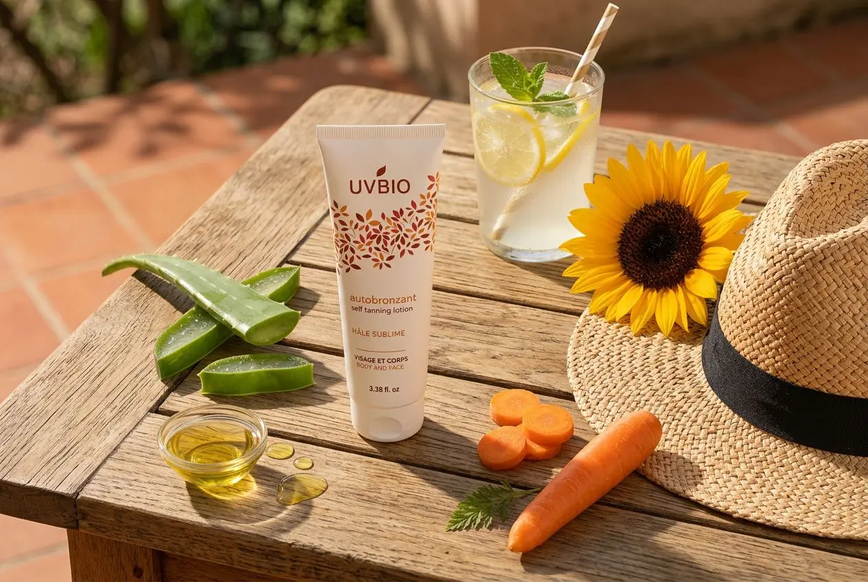 Tube de crème solaire UVBIO sur table en bois, légumes frais (carottes, aloe), huile, miel, jus citron, chapeau et tournesol; contexte été naturel pour protection solaire naturelle fait maison.