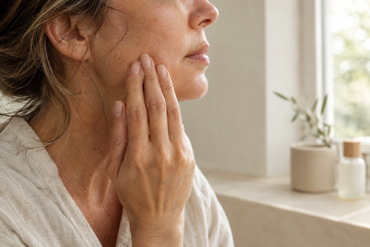 Femme de profil touchant sa joue du bout des doigts, près d'une fenêtre et de flacons sur le rebord