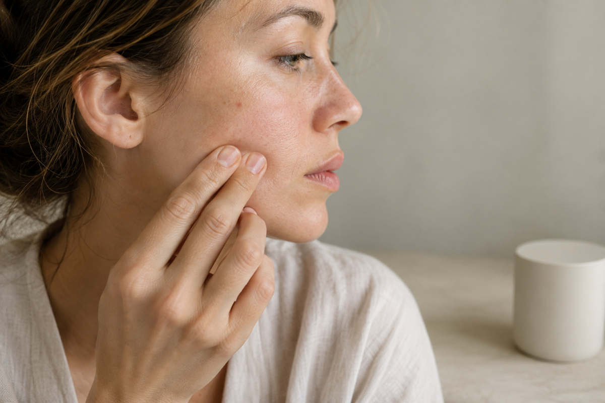 Femme pinçant doucement la peau de sa joue avec deux doigts