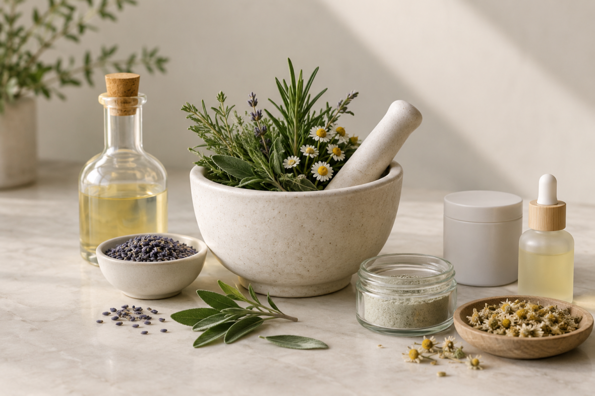 Mortier d'herbes, flacons d'huile et pots de crème sur une table claire